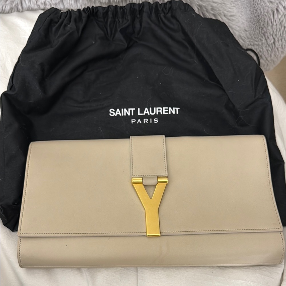 Yves Saint Laurent Tan Clutch with Gold Hardware